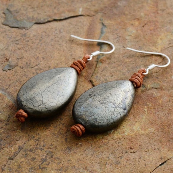 Flower of the Desert Jewelry - Teardrop Pyrite Healing Crystal Leather Earring